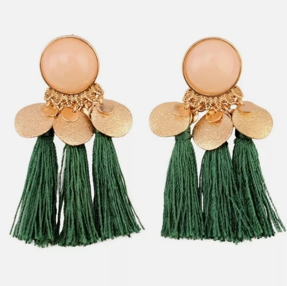 Dangle & Chandelier‎ Statement Bohemian Tassel Drop Earrings Forest Green - Picture 1 of 1